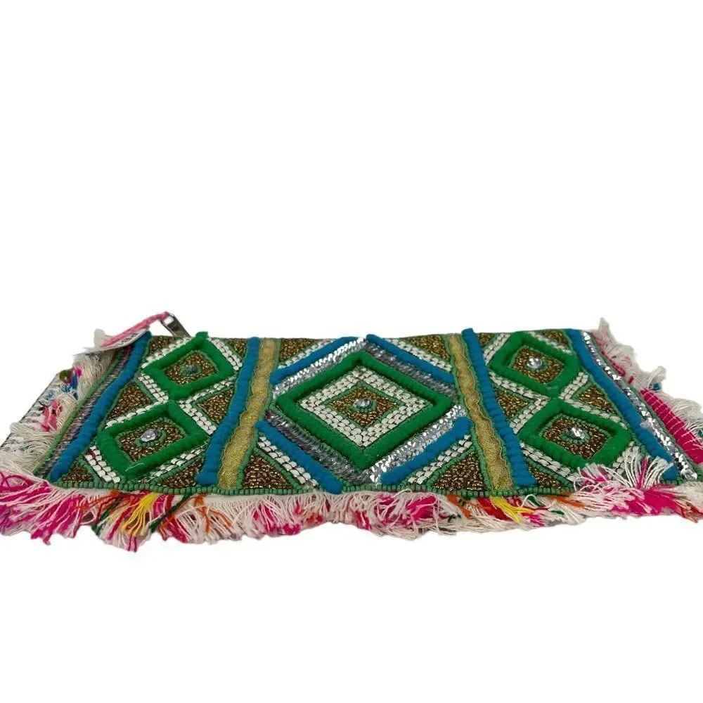 NEW Peyote Bird Zip Boho Clutch Embroidered & Beaded with Tasels 12 x 8